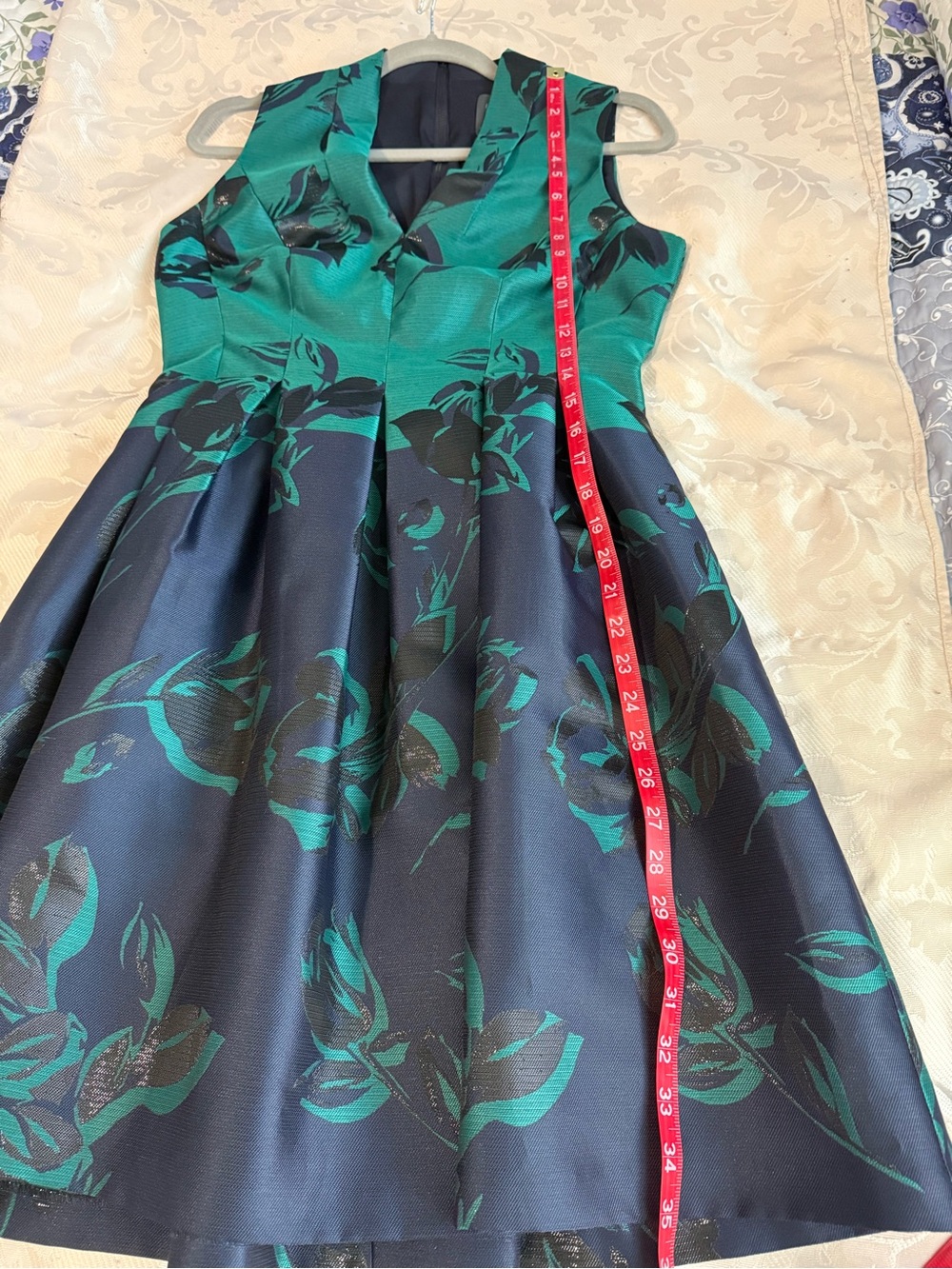 Vince Camuto Emerald & Navy Floral Jacquard Fit & Flare Cocktail Dress Sz 4 - Picture 11 of 12